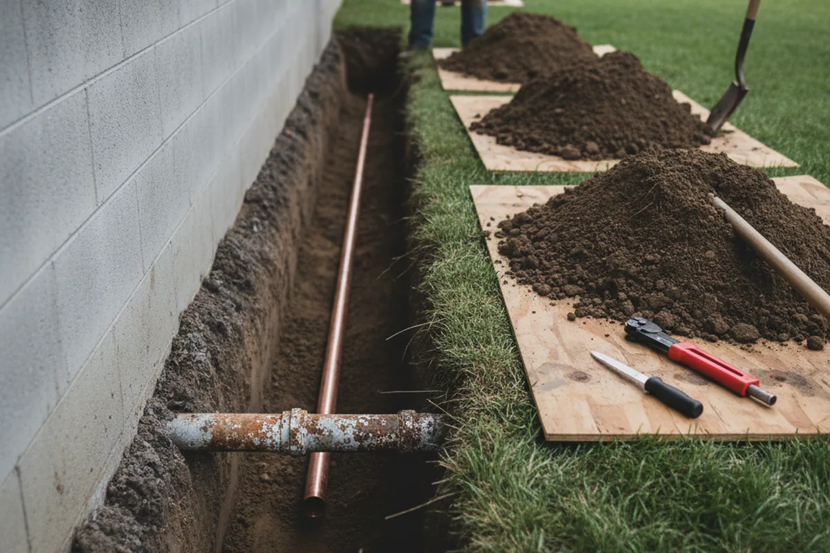Excavated water line trench during Water Softener Installation in Port Jefferson